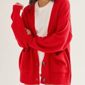 Button-Front Oversized Cardigan Red